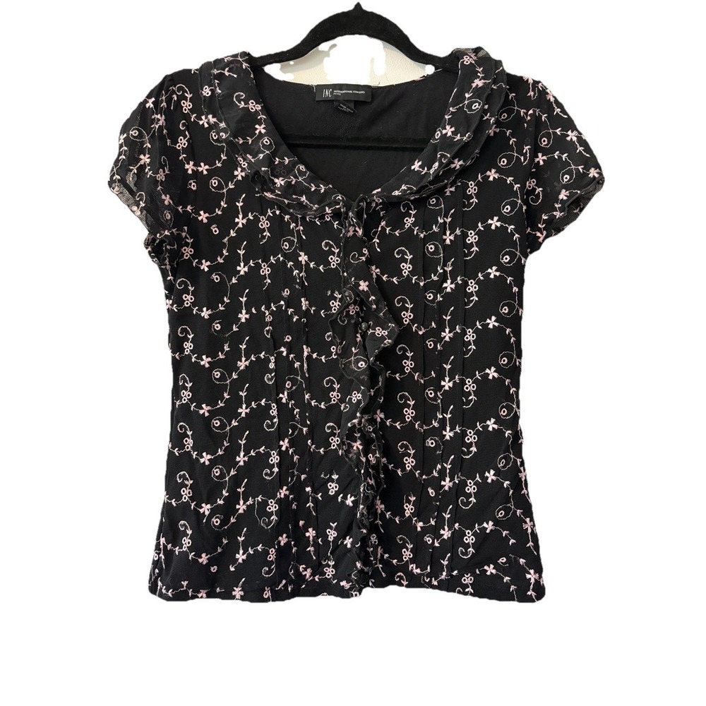 INC Y2K Babydoll Top Womens Small Black Floral Lace Fairy Whimsigoth Soft Grunge